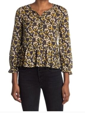 Madewell Drawstring Ruffle-Hem Top blouse Viola Floral Print small Romantic ruff